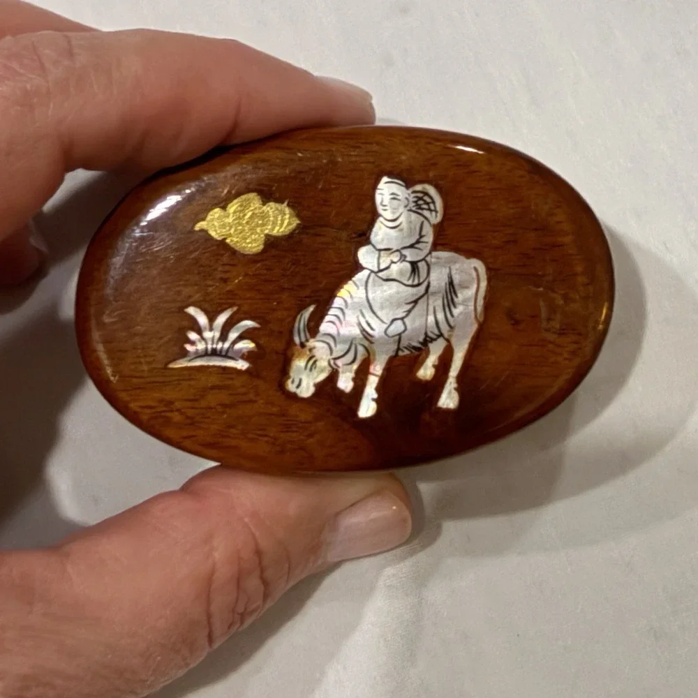 Vintage Wood Inlay Trinket Box Oval Red Velvet Interior Asian Ox Rider Small